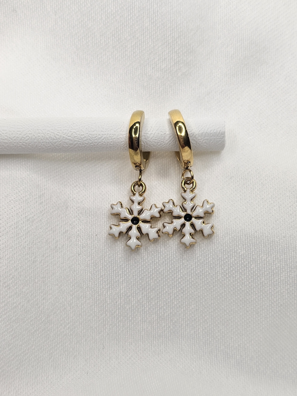 Gold-Plated Snowflake Drop Hoop Earrings in White